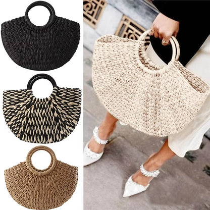 Women New Imitation Straw Handbags Woman Handmade Woven Basket Weave Handbag for Femme Ladies Simple All-Match Handbag