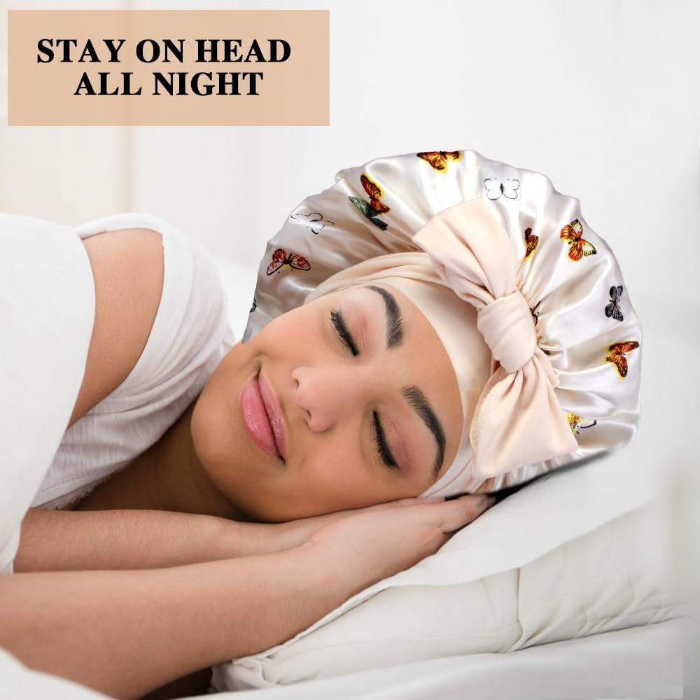 2+3 Large Satin Bonnets with Scrunchies for Women, Hair Bonnet Sleeping Tie Bonnet for Braids Curly Hair
